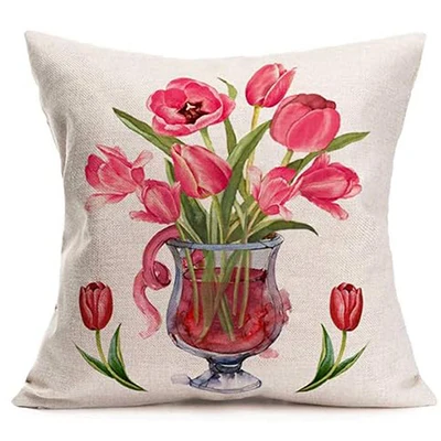 Summer Flower Tulip Pillow Cover Hot Air Balloon Bonsai Linen Square Pillowcase Sofa Home Decoration Seat Cover 45x45 CM