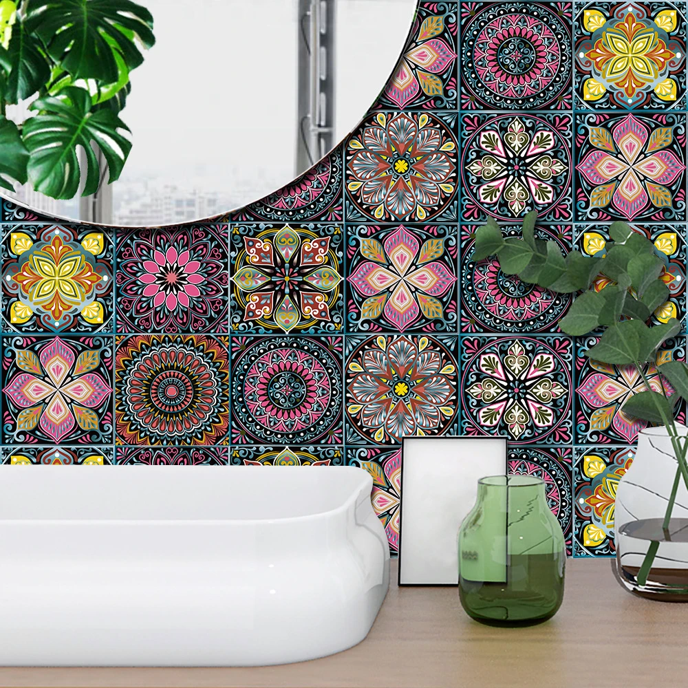 Mandala Tile Wall Stickers, Transfers Covers, Self-adhesive, Waterproof, Wall Decal, Wardrobe, Kitchen, Bathroom, Floor, 10Pcs