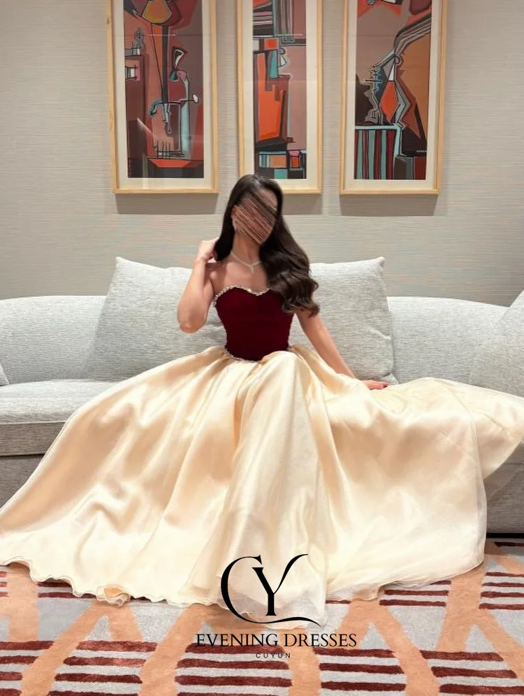 CUYUN Women Saudi Prom Dresses Beading Strapless Burgundy and Cream Patchwork Evening Gown Customized Long Party Dresses Banquet
