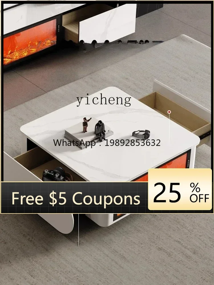R1  living room 3D electronic fireplace creative square rock slab coffee table villa size apartment