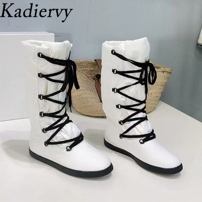 Botas de nieve planas para mujer, zapatos largos de punta redonda con cordones cruzados, impermeables, de tela de nailon, hasta la rodilla, Invierno