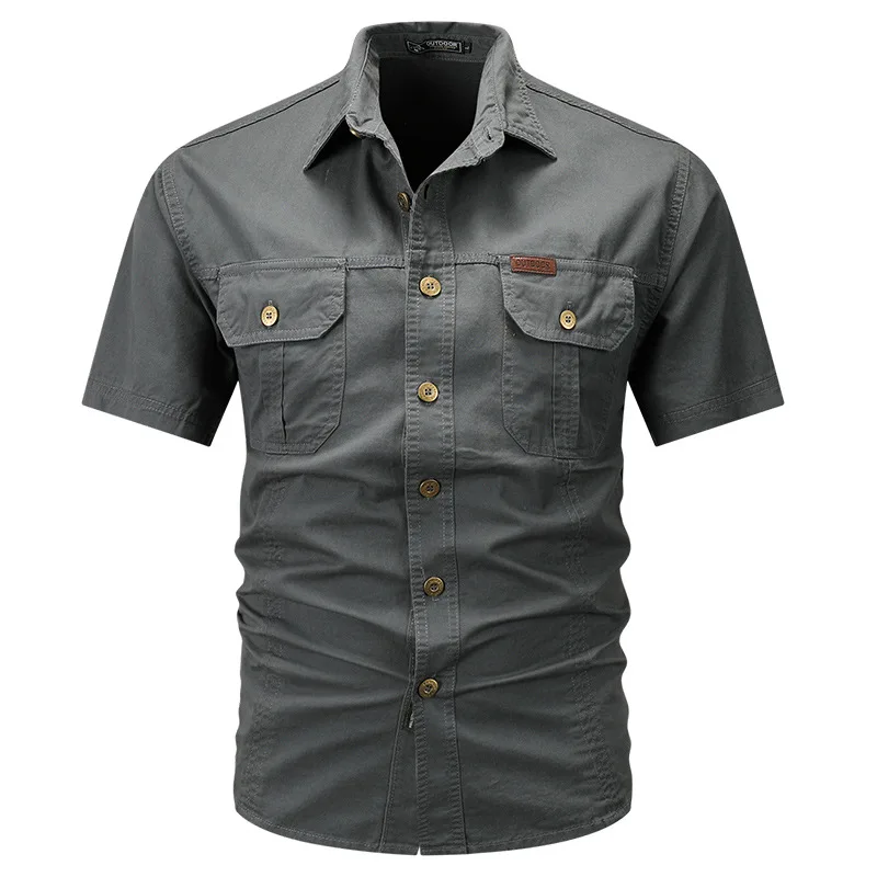 Summer Lightweight Solid Pure Cotton Short Sleeve Cargo Shirt Men's Casual Top