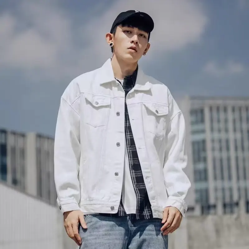 

Белая джинсовая куртка, мужская свободная посадка, весна-осень, модная новинка, смесь хлопка и полиэстера, длинная свеч на пуговицах