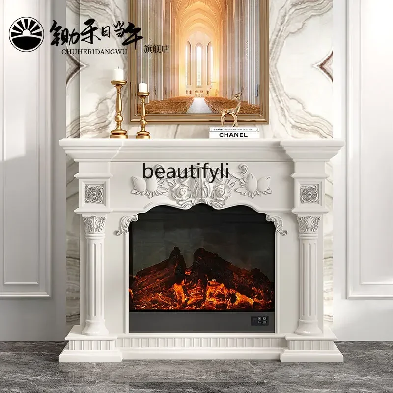 European Style White Fireplace Curio Cabinet Simulation Flame Design TV Bench for Living Room Bedroom Mantel Decor