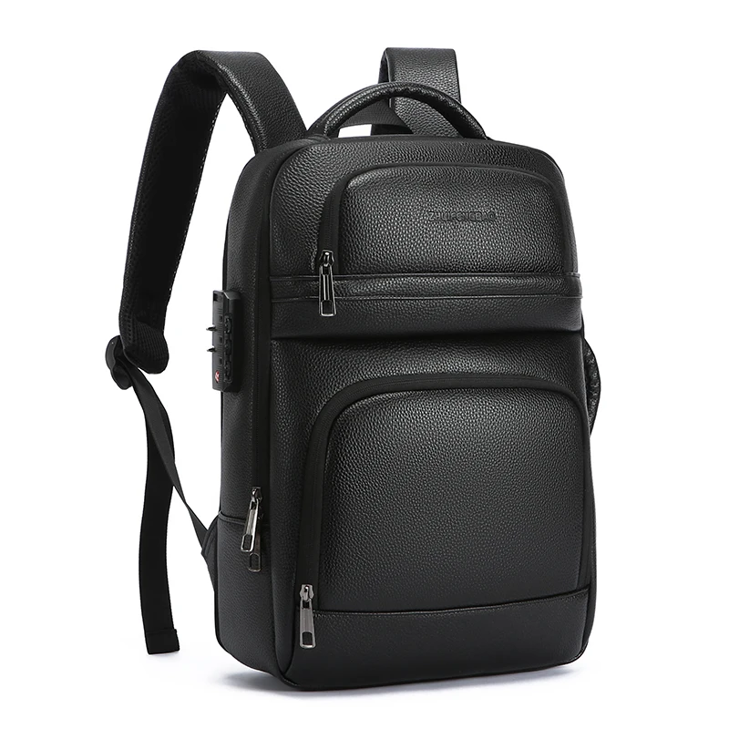 New Men's Leather Password Lock Laptop Backpack with USB 180 Degree Opening Waterproof Travel Backpack Retro Business Handbag