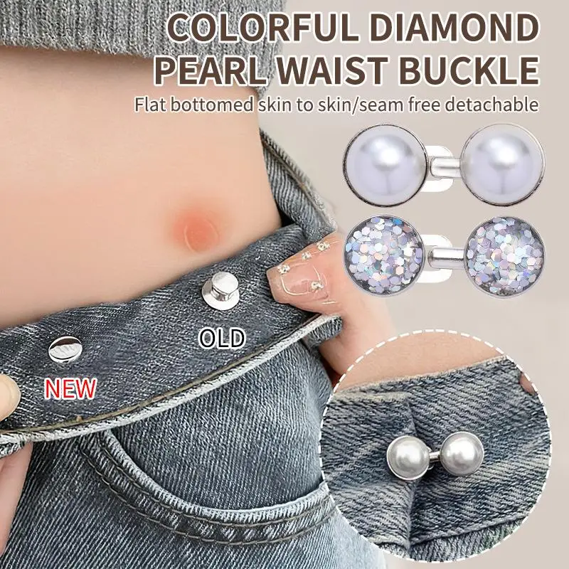 Pearl Rhinestone Jean Button Adjustable No Sew Waist Buckle Quick Fix Pant Clasps Reusable for Denim Skirt Trousers