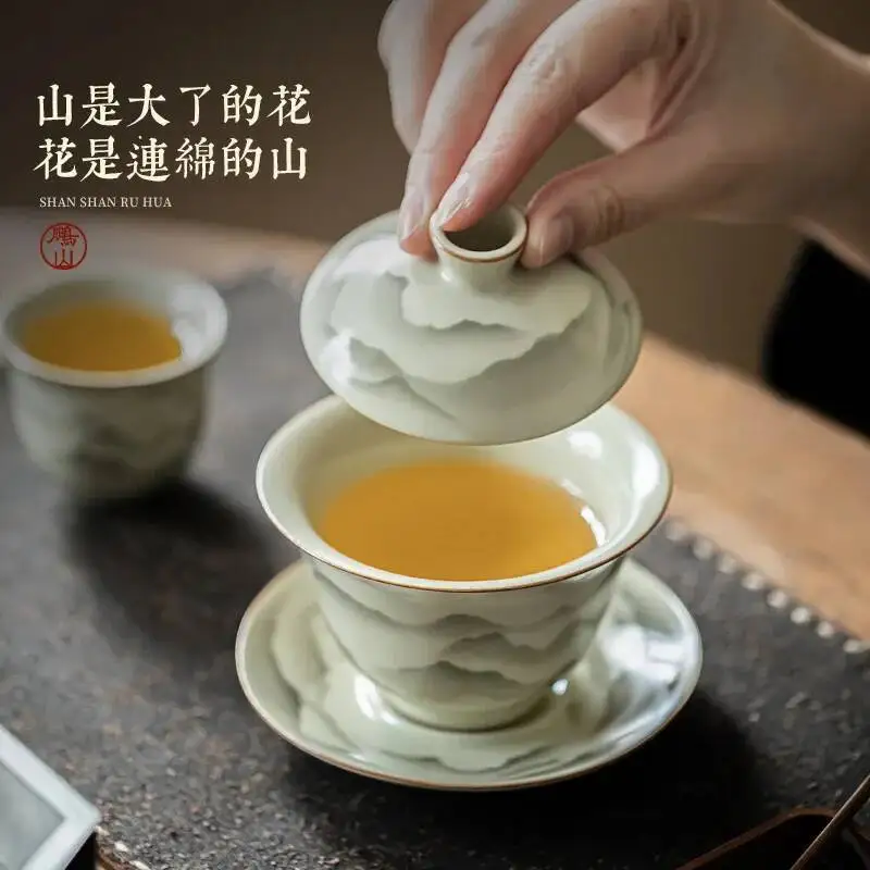 

Shanshan Ruhua Ru Kiln Three-talent Covered Bowl Single Light Luxury Ceramic Tea Bowl with Lid Tea Cup Kung Fu Tea Set