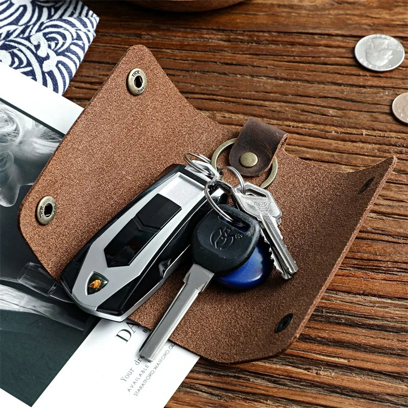 Zency Retro Genuine Leather Car Key Holder Small Cowhide Short Key Case Bag Housekeeper Keys Purse With Key Rings For Men
