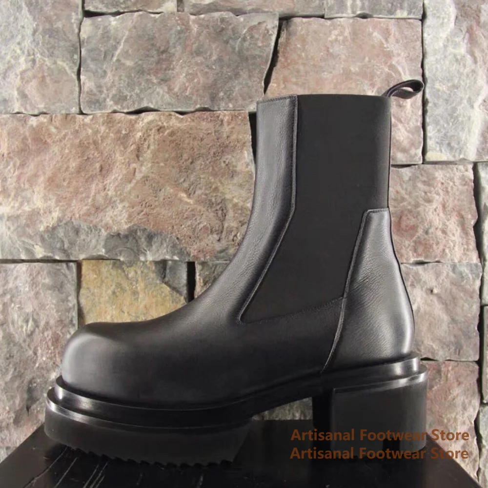 Cowhide Thick-Soled Men's Boots Round Toe Elastic Band High-Top Booties Stylish Trendy Handmade Designer Fashion Show Men Boots