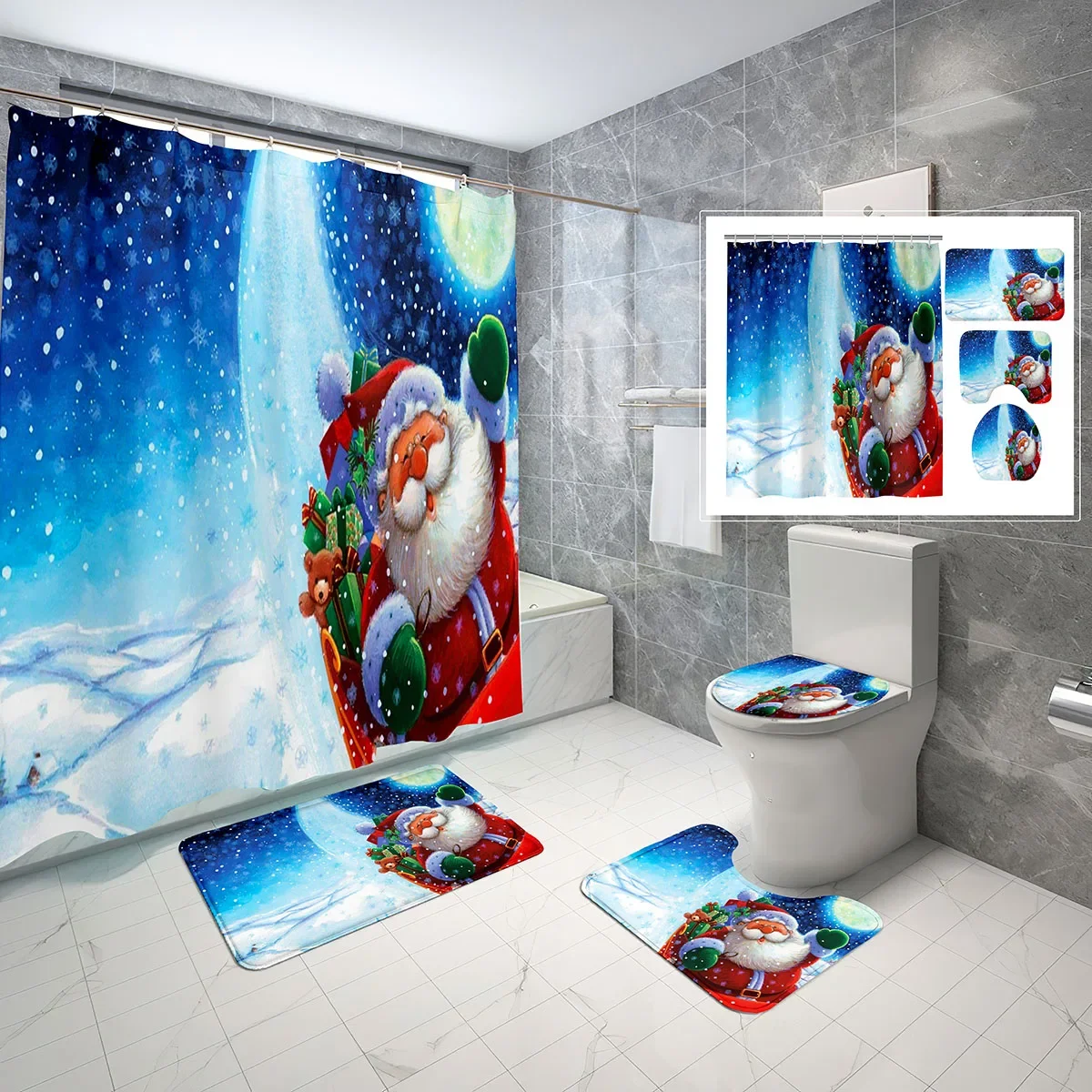 

4 PCS Merry Christmas Shower Curtain Set Christmas Holiday Bathroom Sets Shower Curtain Bathroom Non-Slip Bath Mat Toilet Cover