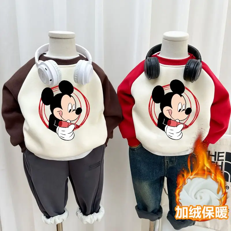 

Disney Mickey's cute creative cartoon pattern printing children's new soft and comfortable plus velvet warm pullover sweatshirt
