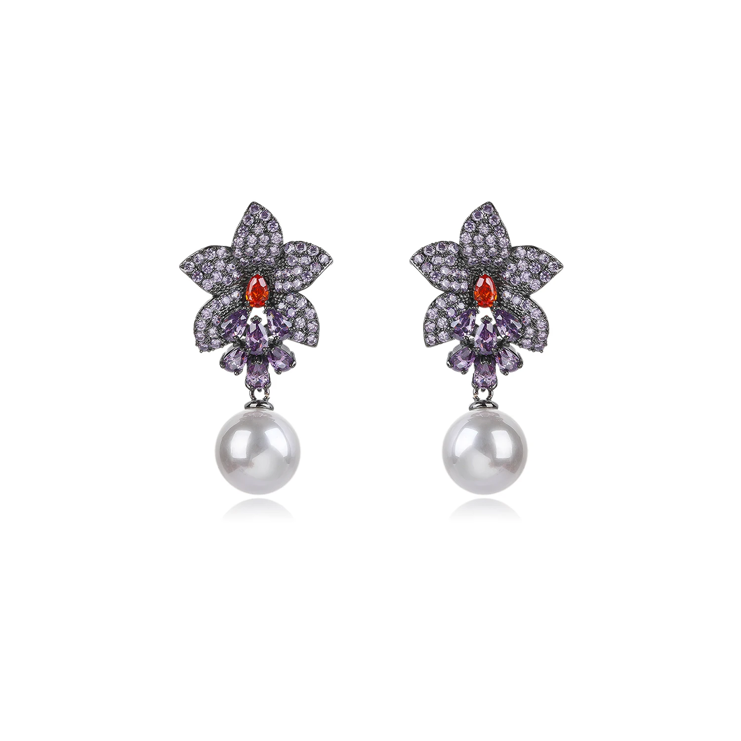 

Luxury Pearl Dangle Cubic Zircon Flower Earrings For Women Party Dress Fashion Jewelry CE12041