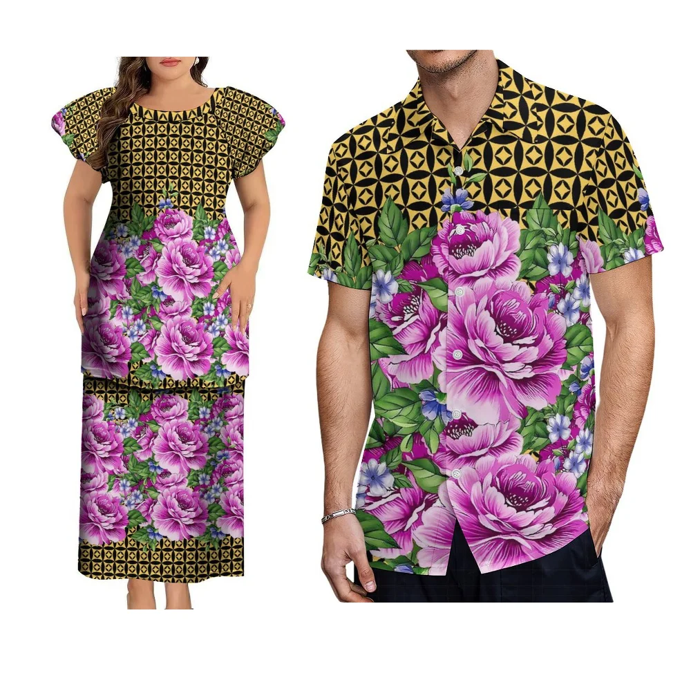 Round-Neck Couple Style Puletasi Dress Shirt Samoa Fiji Islands Art Print Custom Polynesian Tribal Ethnic Retro Women'S Dress