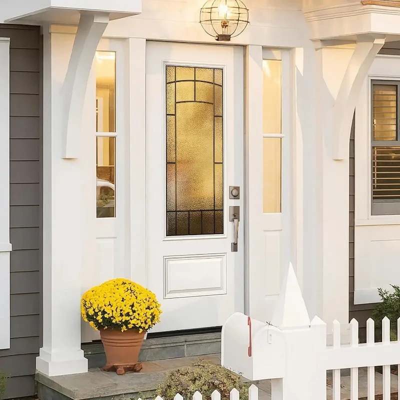 *&KHSHOW 36x80 Smooth Fiberglass Entry Door Brickmould Prime White Vinyl Frame 3/4 View Frosted Glass Contemporary Home Front