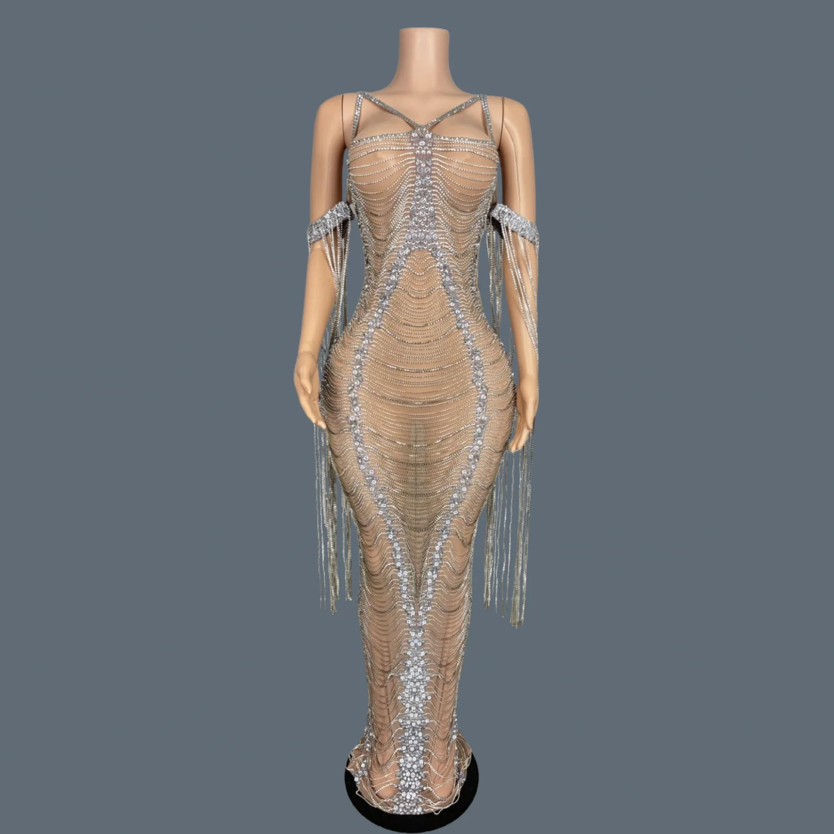 High-end Luxury Crystals Tassel Evening Gown Sheer Mesh Tight Fitting Long Dress Festival Celebrate Prom Outfit Club Wear Xiliu