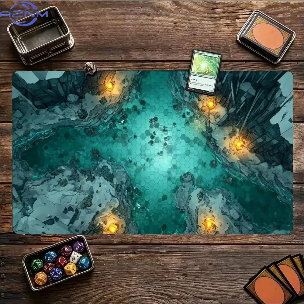 Game Playmat Glowing Dark Cave Dungeon Art Print Stitched Edge Anti‑Slip Rubber Mat for Board Card Game Desk Gaming Home Office
