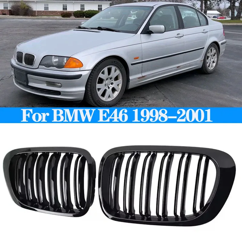 Car Front Kidney Grill Gloss Black Grille Double Slat Hood Racing Grills for BMW 3 Series E46 4 Door 1998-2001 Auto Replacement