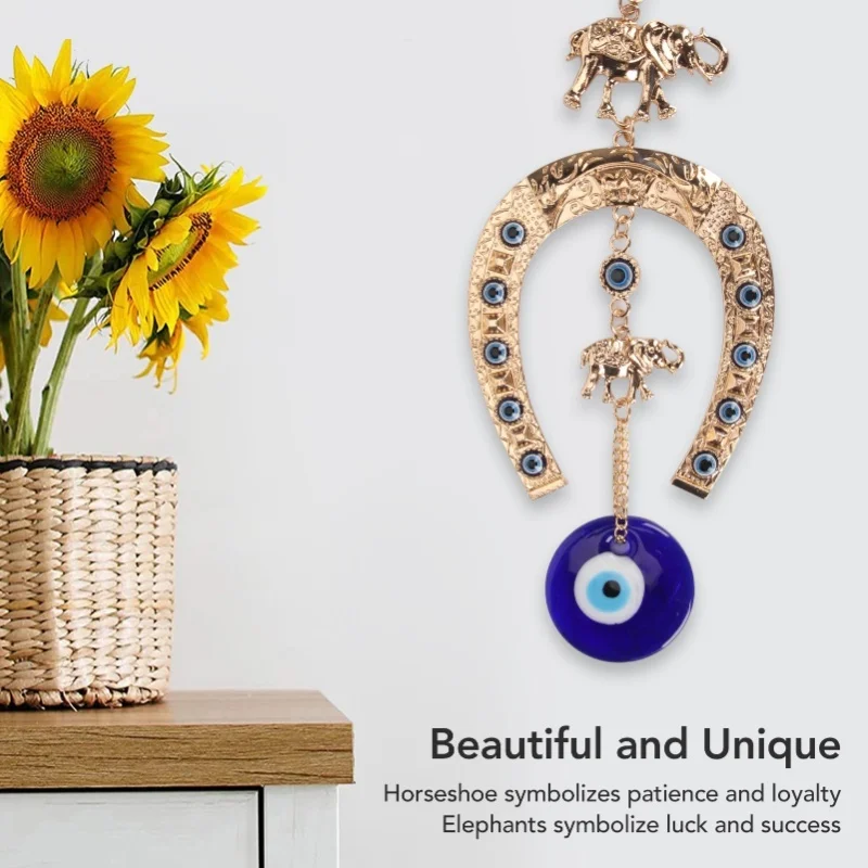 Blue Eye Wall Decor Bring Luck Home Protection Eye Pendant With Golden Elephant Horseshoe For Door Office