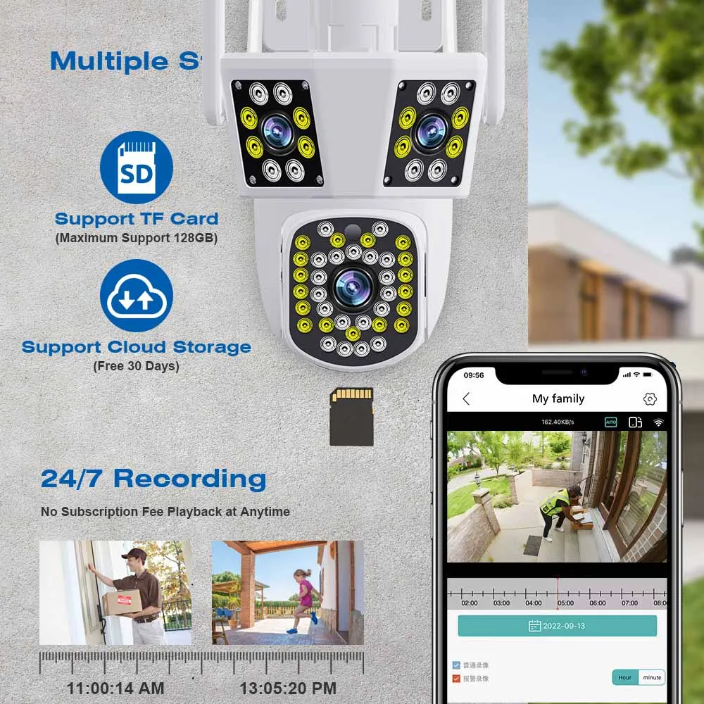 6K 12MP FHD IP Camera Outdoor External Three Lens WiFi Camera 4K Dual Screen Security PTZ Camera Surveillance IPC360