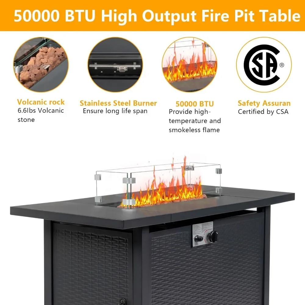 43Inch Fire Pit Table with CSA Certified, Glass Wind Guard, Pits Lid, Auto Ignition, Cover, Rectangle Propane Gas Fire Pit Table