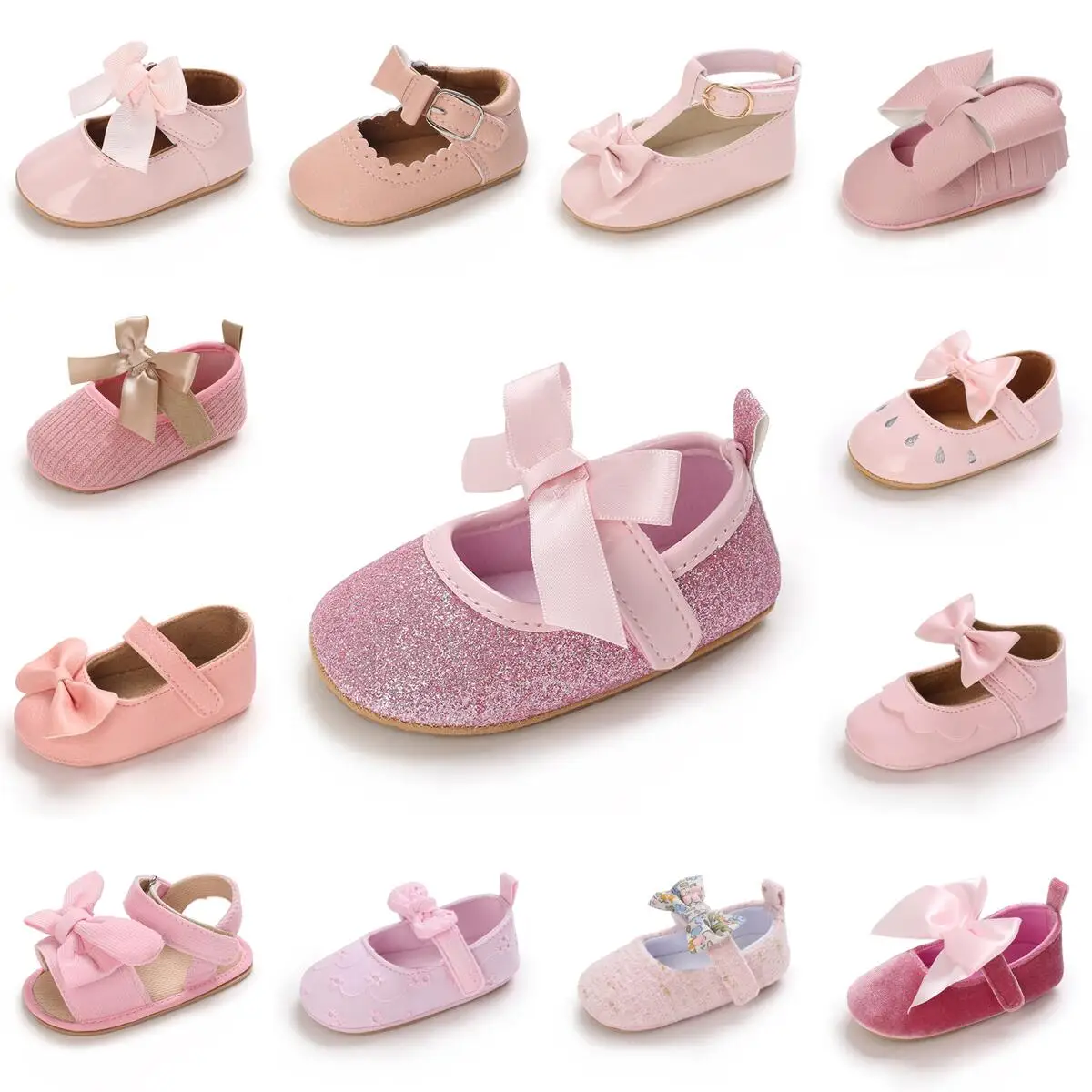 Pink Baby Casual Shoes Infant Toddler Bowknot Non-slip Rubber Soft-Sole Flat PU First Walker Newborn Bow Decor Mary Janes