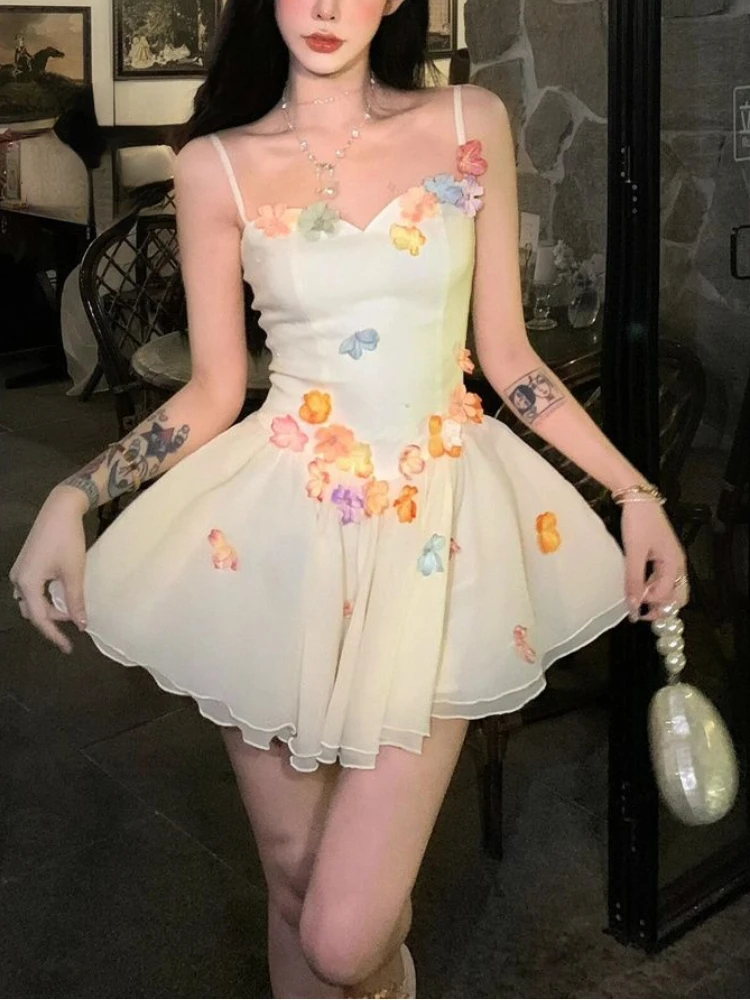 Summer Sexy Lolita Sweet Flower Dress Women Chic Kawaii Y2k Strap Mini Dresses Female Fashion Sleeveless Streetwear Clothes 2024