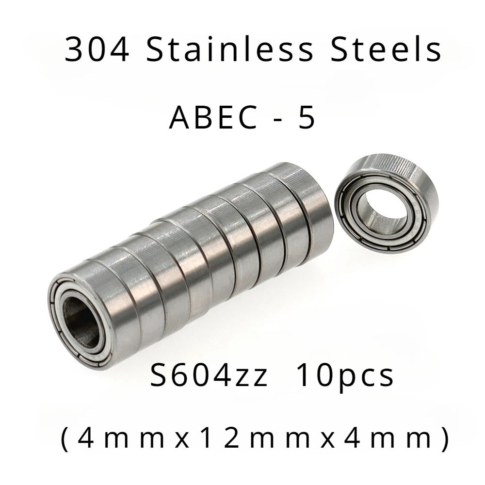 

High Performance 304 Stainless Steel ABEC-5 Deep Groove Ball Bearings - S604zz 4mmx12mmx4mm of 10pcs, Stainless Steels