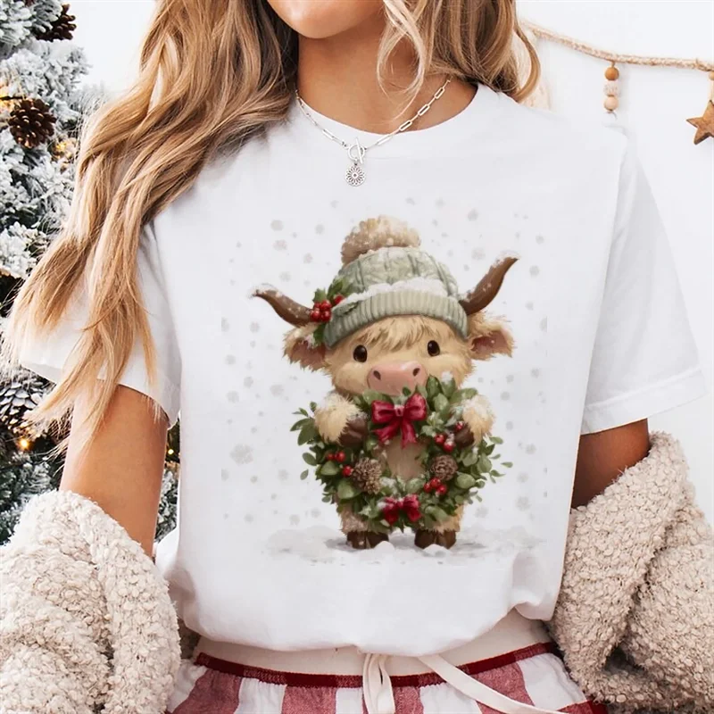 Printed Women's Pattern Cute T-Shirt Christmas Highland Cow Print Cartoon New Year Round Neck Top 90s Clothes White T-Shirt