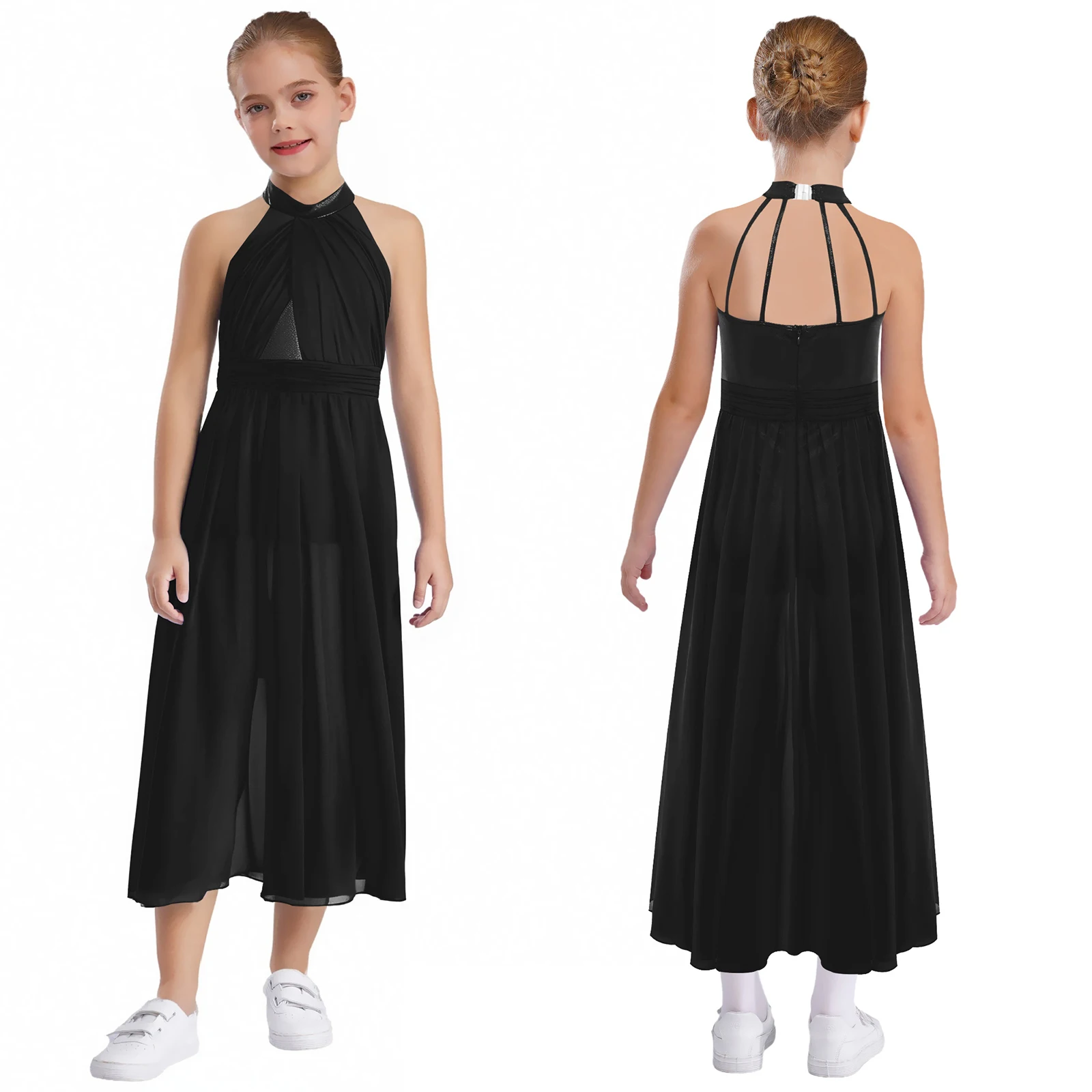 

Contemporary Girl Chiffon Dance Dress Sleeveless Metallic Bodice Invisible Zipper Back Ruched Split Modern Lyrical Dance Costume