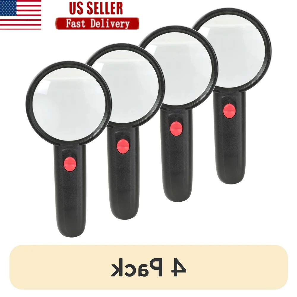 

4 Pack LED Lighted 3x Magnifying Glass Seniors Hobbyists Professionals Scratch Resistant Portable Reading Tool with Batteries