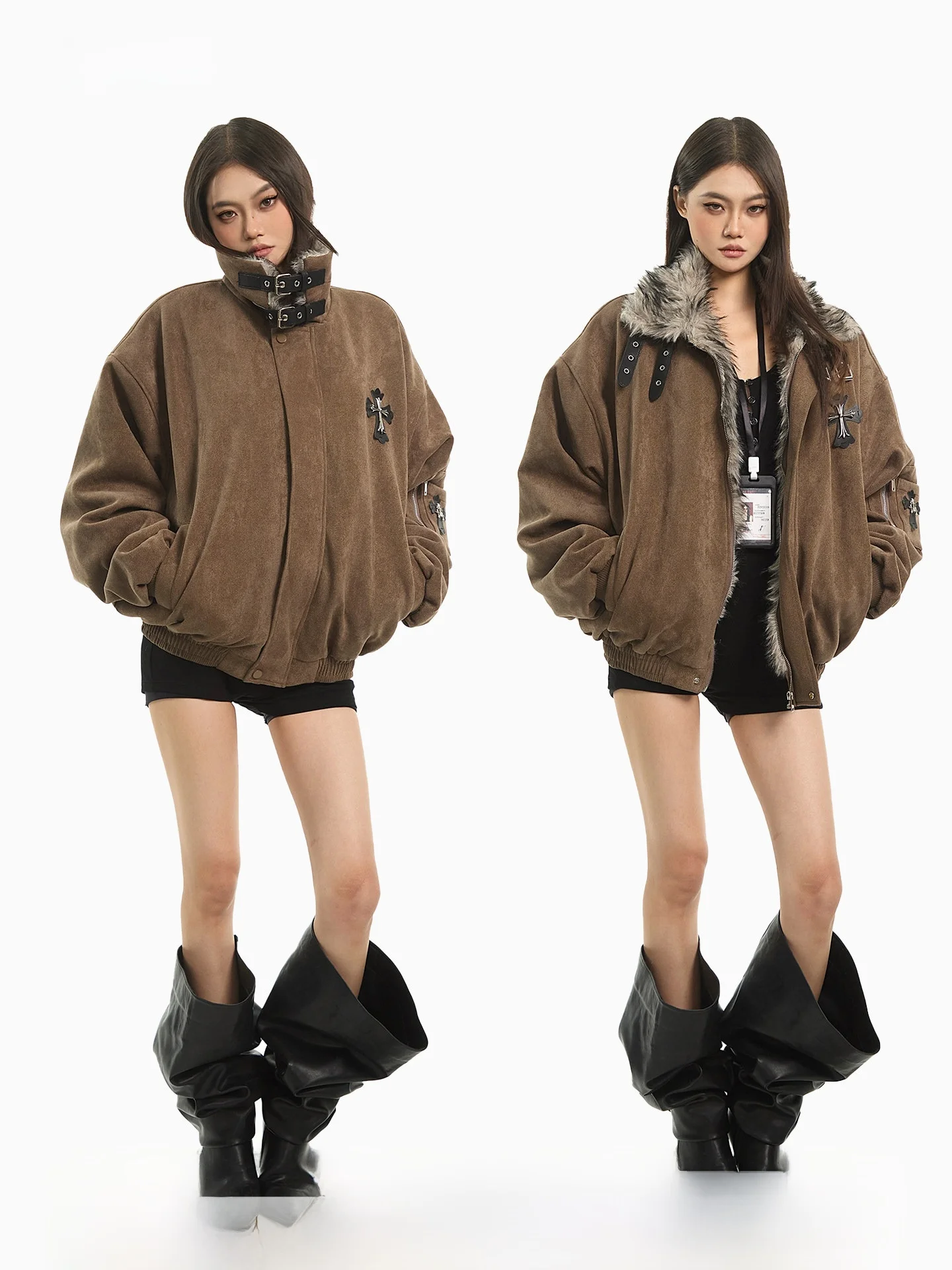 

Warm Cotton Jaet Women's ort Outerwear Suede Fur Collar Cross Belt Design Winter Thermal Cotton Clothes American Sle