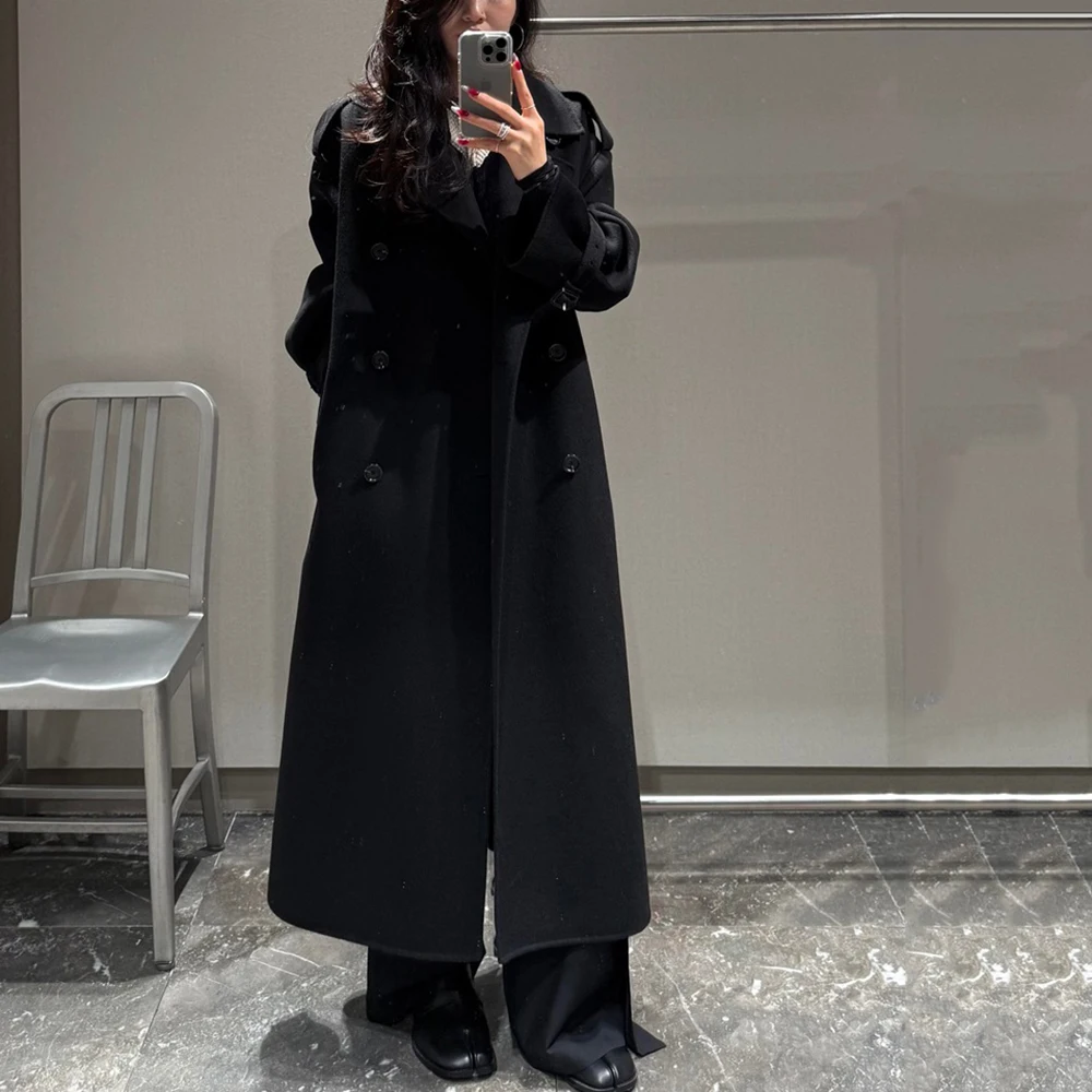 

Wool-Blend Women's Coat Y2K Minimalist Style Double-Breasted Elegant Straight-Cut Long Trench Coat 2025 Fall/Winter New Arrival