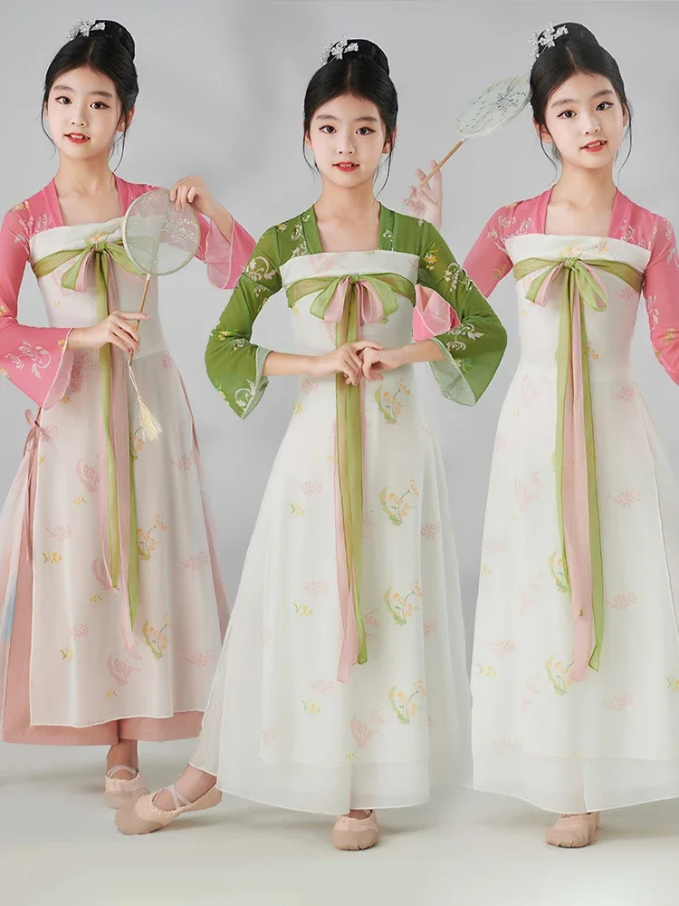 Classical Dance Costume Girls Chinese Dance Clothes Floating Saree Practice Clothes Girls Hanfu Fan Dance Suit Performance