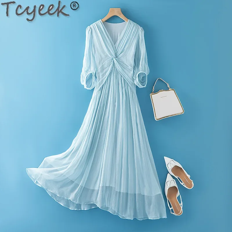 

Tcyeek 100% Real Mulberry Silk Beach Dress Women Clothing 2024 Chic and Elegant Woman Dress Summer White Dress Vestidos De Mujer