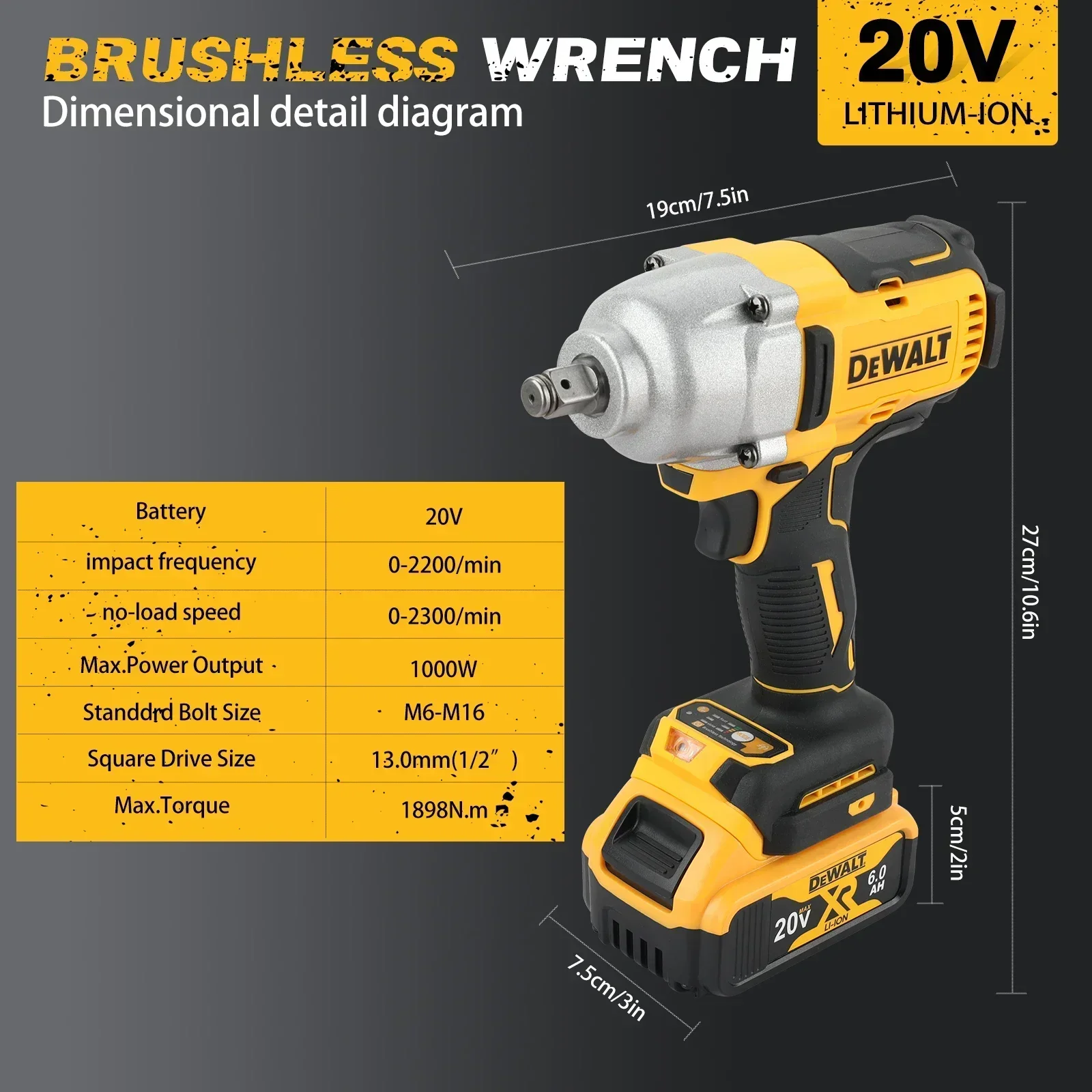 For Dewalt DCF900 Brushless Impact Wrench:20V,850N·m Torque,6.0Ah Battery,Multi - Speed,For Tire Changing&Heavy - Duty Jobs