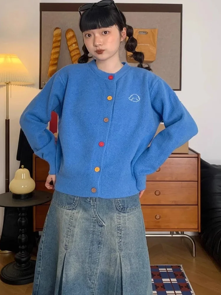 

Fall Knitted Embroidered Jaet Women's round Ne Button up Sweater Vintage ort Size Retro Fem Knitwear Button...