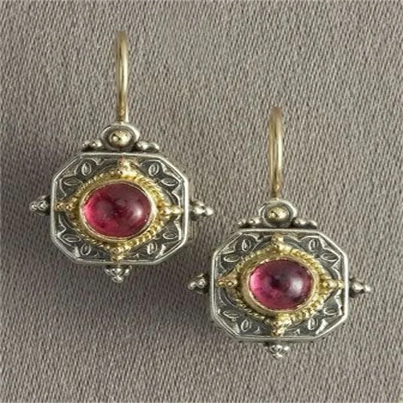 New Red Gemstone Retro Color Separation Earrings European and American Fashion Earrings Personalized Banquet Jewelry