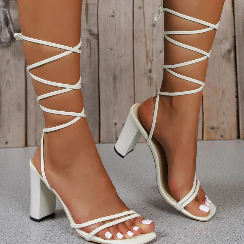 New Summer Square Toe High Heels Solid Color Fashion Sexy Banquet Women\'s Shoes Open Toe Elegant Straps