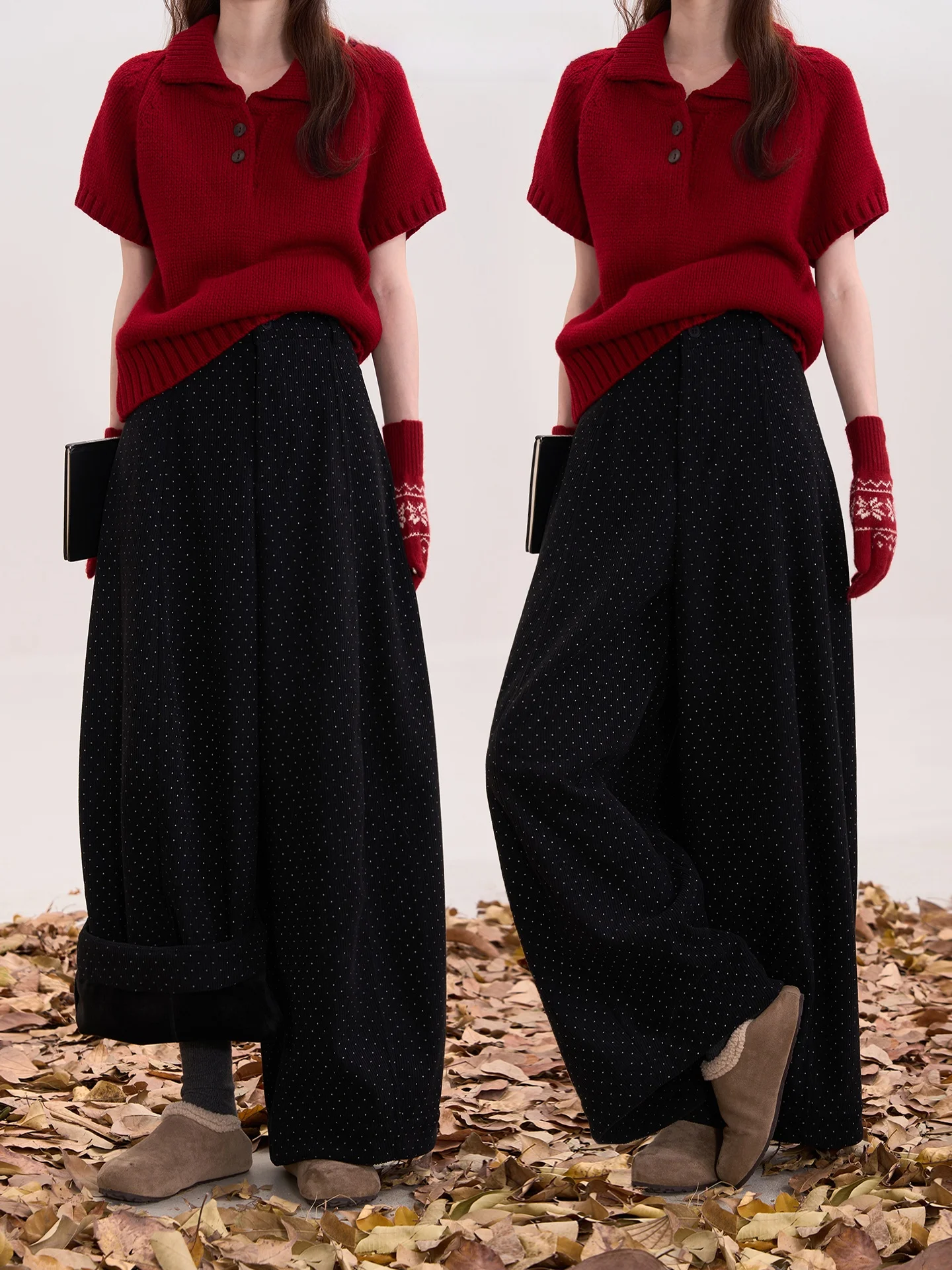 

Женские широкие брюки из вельвета в клетку, осенне-зимние повседневные брюки с высокой талией, на молнии, с узором в горошек