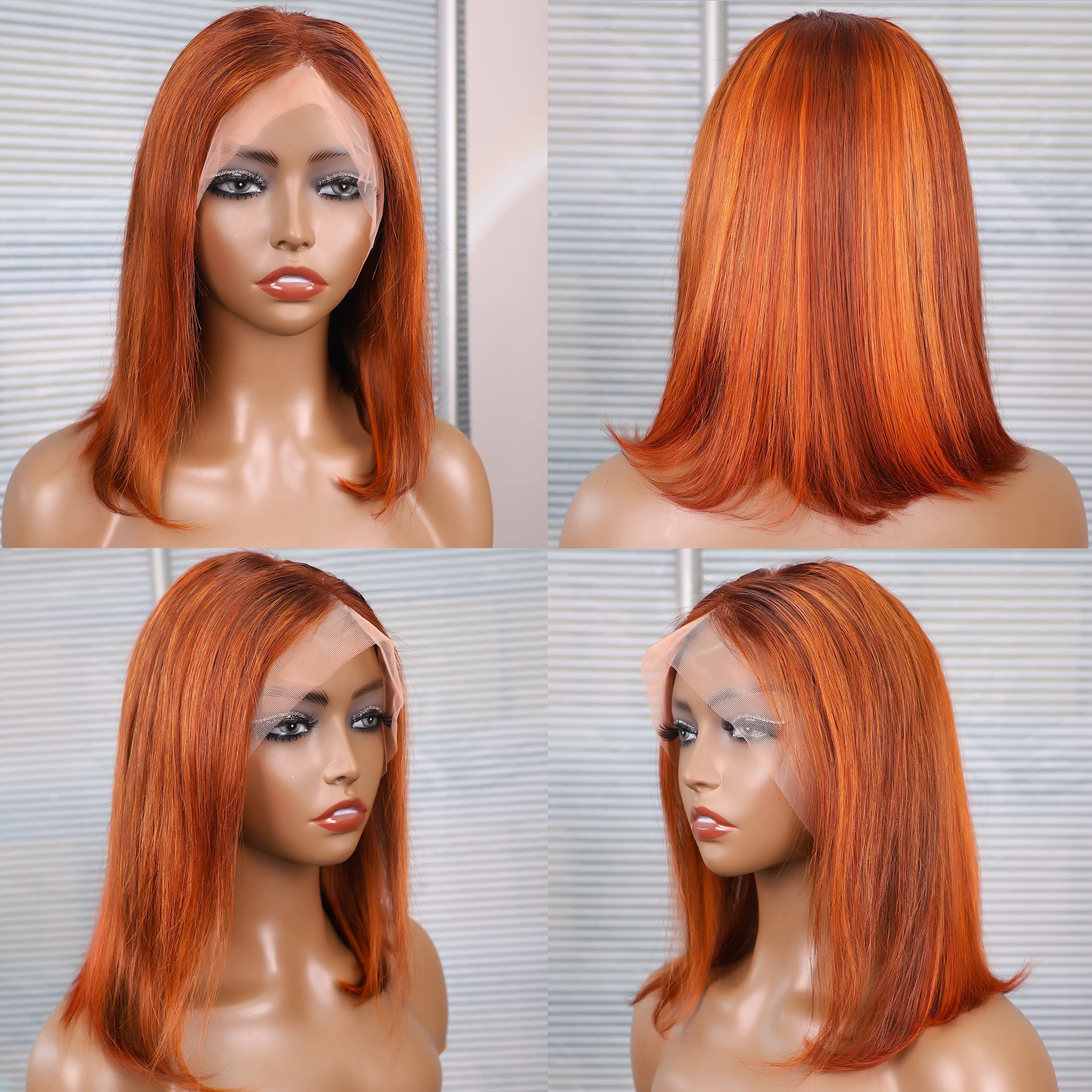 P4/350 ボーンストレートHD 13x4 フルレースフロント 人毛ウィッグ ハイライトブラウンジンジャー人毛ウィッグ ショートストレートボブウィッグ 200%