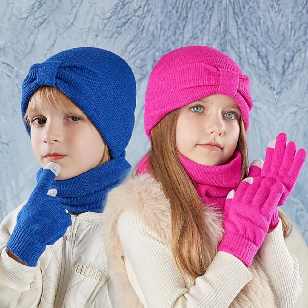 

3Pcs/Set Solid Color Knitted Hats Warm Thicken Windproof Children Hat Scarfs Gloves Set Pompom Knitted Winter Beanie