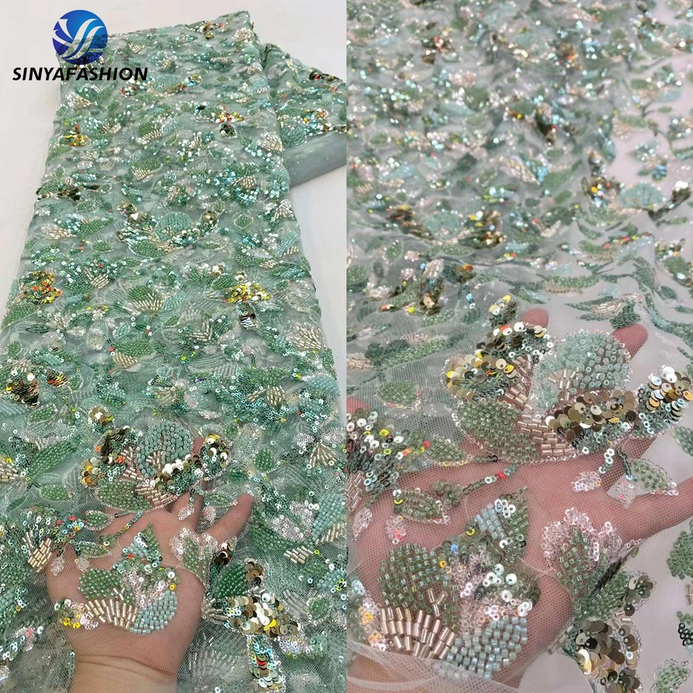 

Sinya Green African Nigerian Lace Fabrics Luxury Fully Sequis Beaded Lace Embroidery Women Wedding Bridal Evening Dress Material