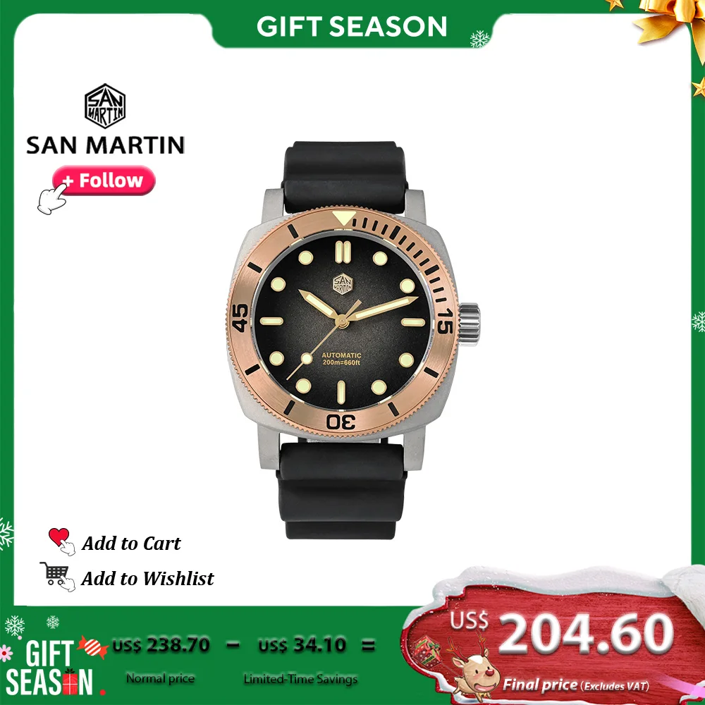 San Martin 42mm Titanium Men Diver Watch Bronze Bezel Sport Waterproof Automatic Mechanical Wristwatch Sapphire Luminous SN0125