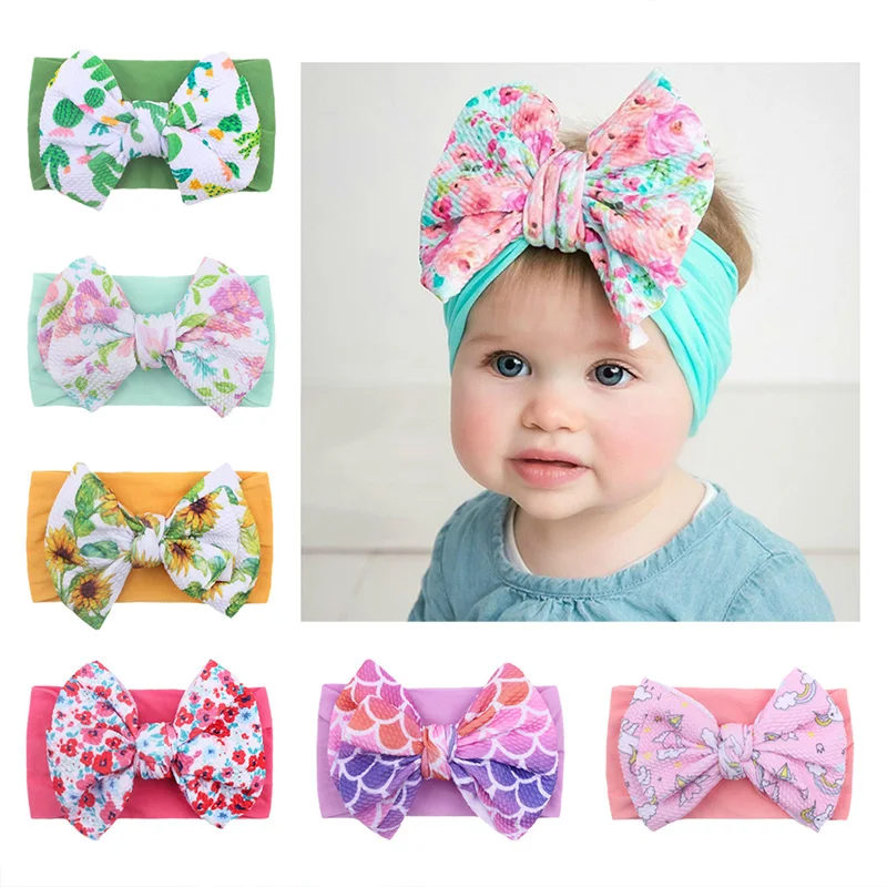 Diademas con lazo grande Floral para bebé, diadema con estampado Vintage para niña, accesorios elásticos suaves para el cabello, turbante para niño pequeño, regalo de ducha 2024