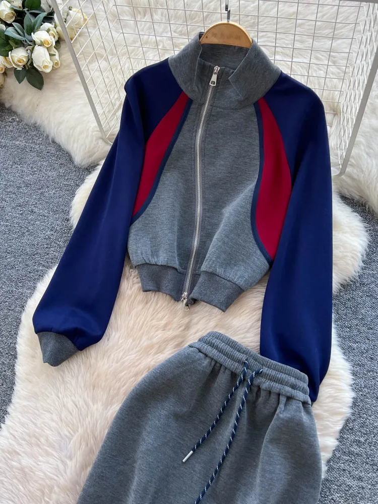 Casual Autumn Outfit Women's Faion Stand Collar Zipper Long Sve Color Blo Sweatirt Jaet High Waist  Skirt Set