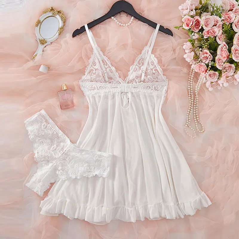 Pink Sweet Nightgown Female Elegant Sleep Dress Hot V-neck Bra Transparent Milk Silk Underwear Women's Pajamas With Panties Set