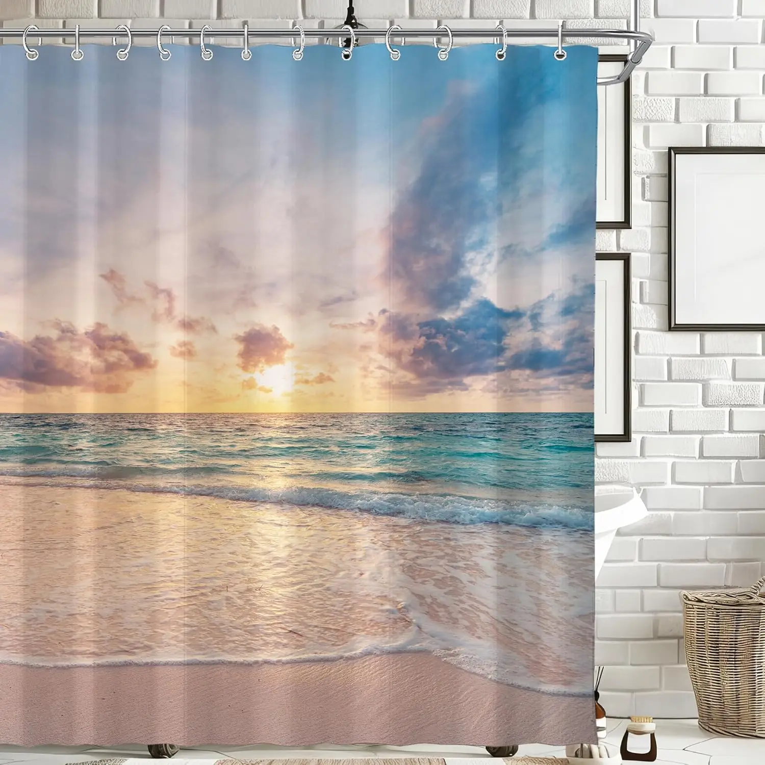 

Beach Sunset Ocean Waves Shower Curtain with Golden Sky and Sandy Shore Tropical Seascape View for Relaxing Bathroom Decor