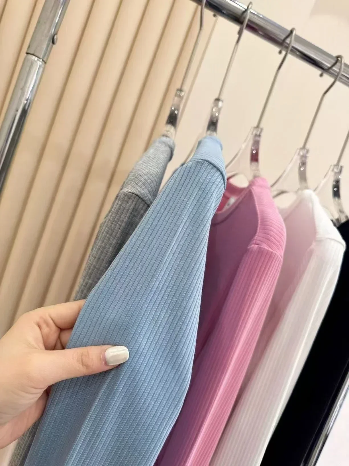 Goddess Yoga Round Neck Long Sleeve T-Shirt Women's New Threaded Knitted High Elastic Bottom Slim Skinny Casual Sports Top