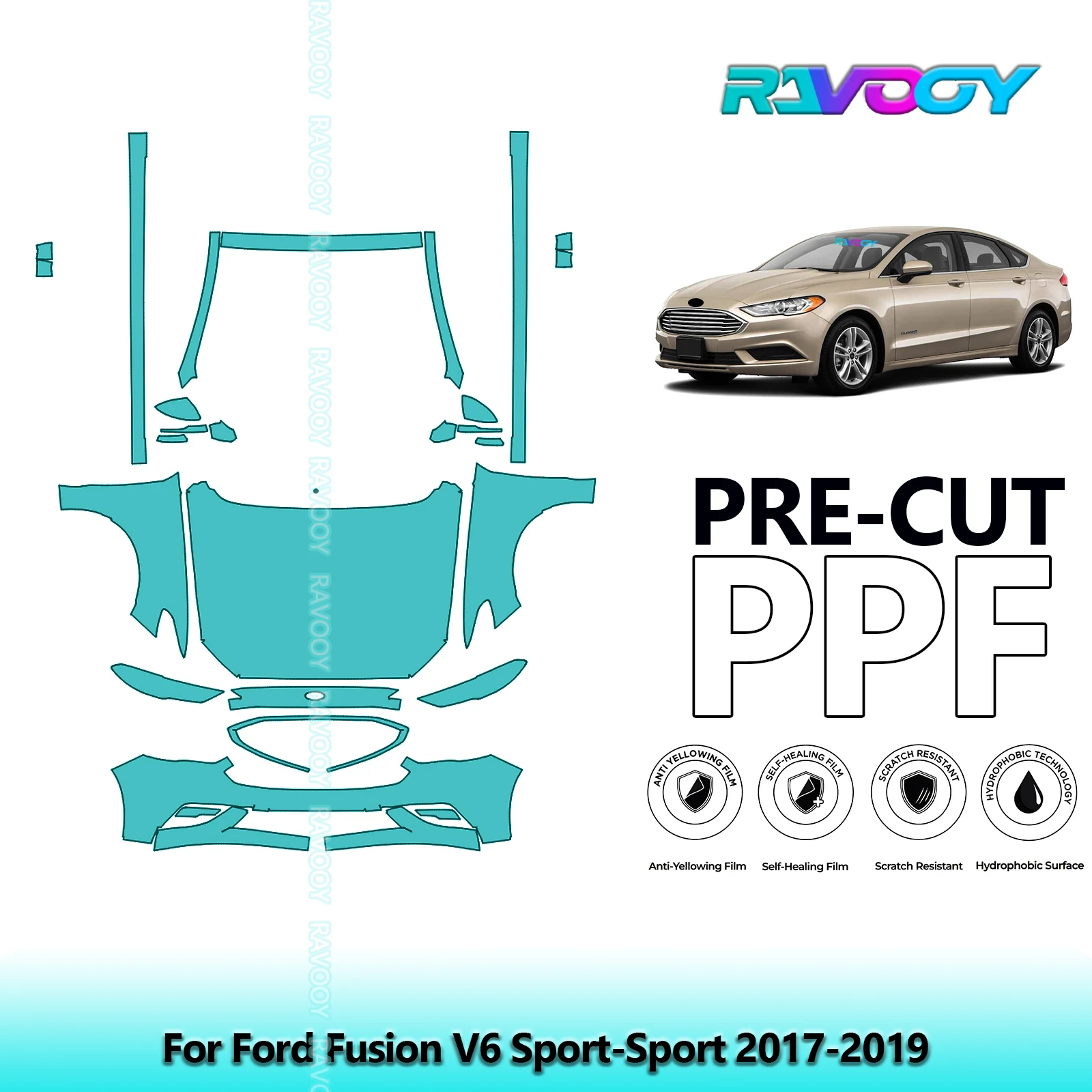 RAVOOY 8.5Mil Custom-Fit Precut TPU PPF Front Kit Clear Bra Stone Guard EU UK For Ford Fusion V6 Sport-Sport 2017-2019
