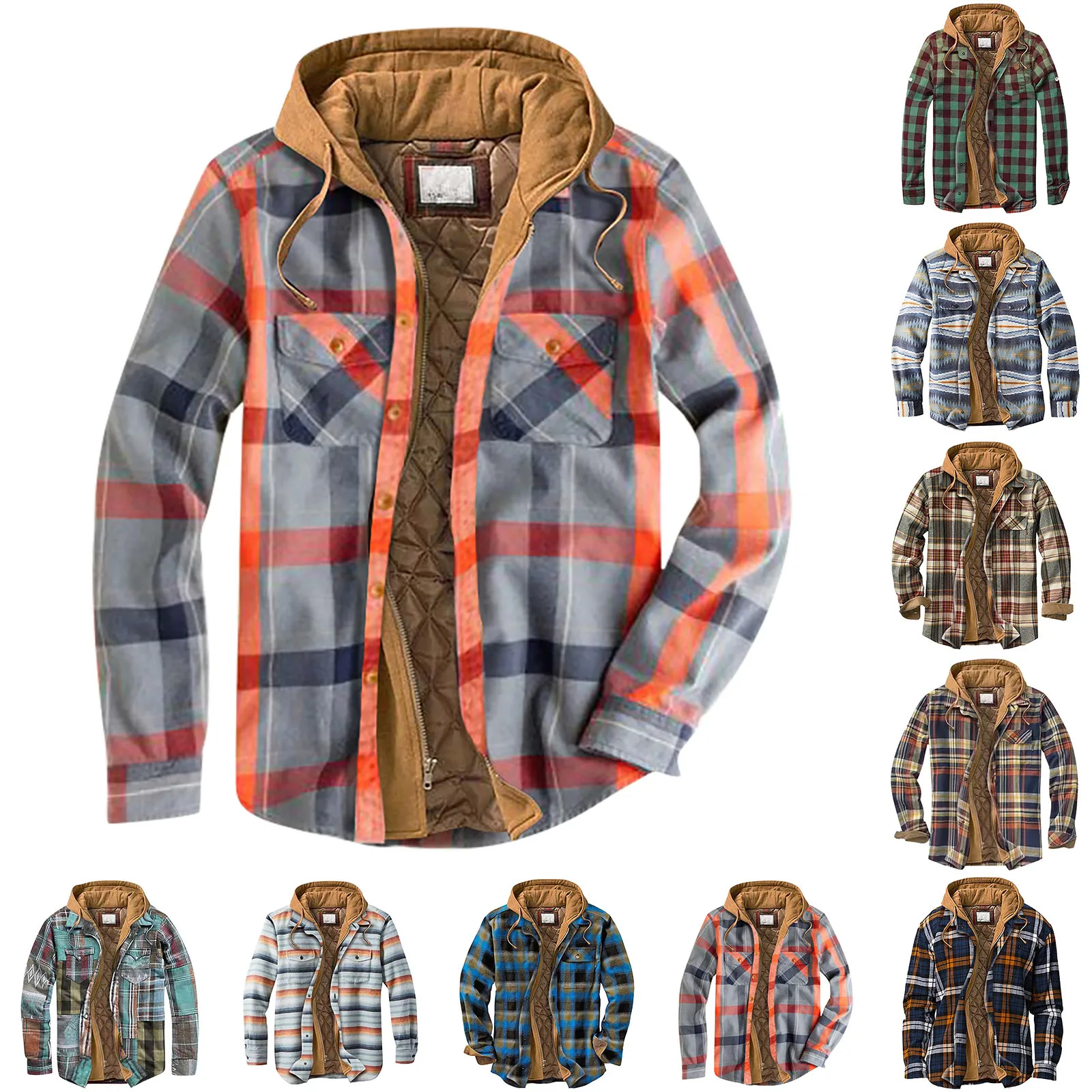 Camisa xadrez acolchoada de botão acolchoado masculina, casaco fino com capuz, manter aquecido, casacos casuais, outono, inverno